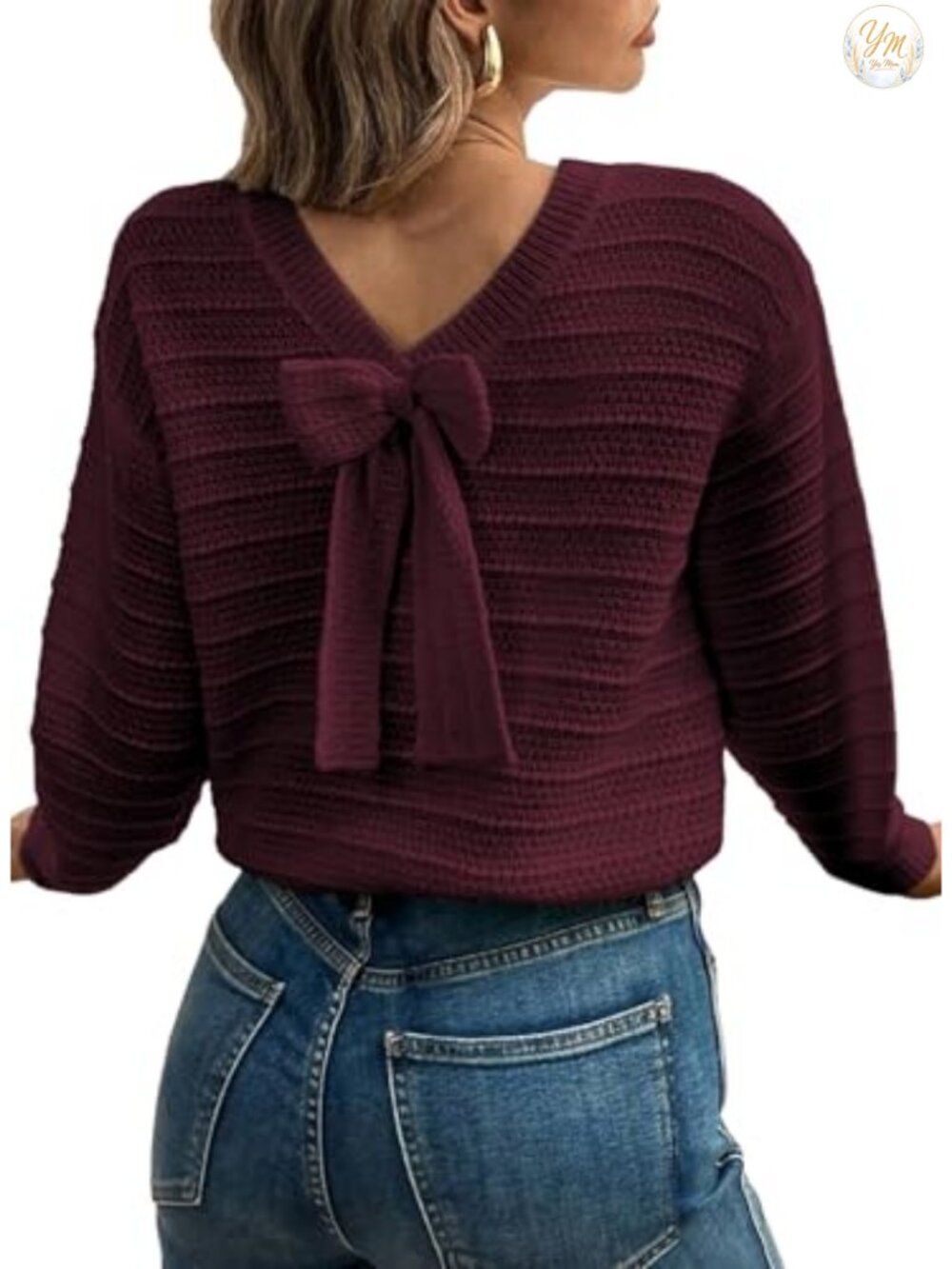 Back Bow Detail Long Sleeve Knit Pullover Sweater for Fall Outfits